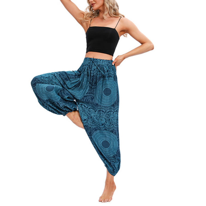Pantaloni harem casual larghi rotondi con motivo a Buddha Stones, pantaloni da yoga da donna