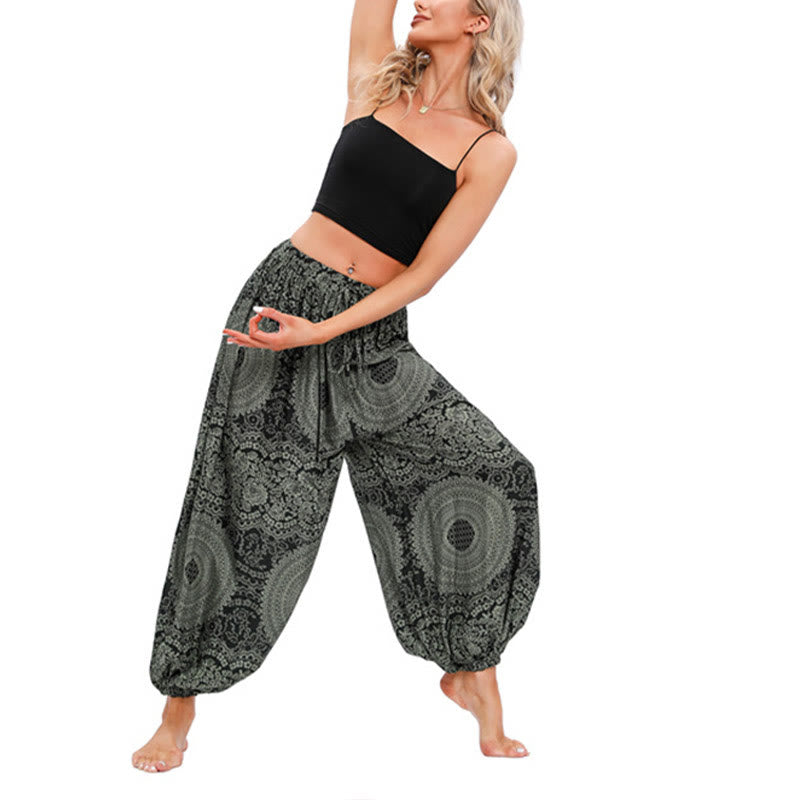 Pantaloni harem casual larghi rotondi con motivo a Buddha Stones, pantaloni da yoga da donna