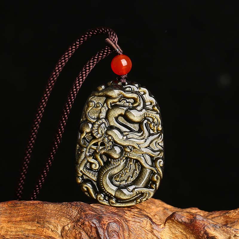 Collana con ciondolo a forma di drago in ossidiana con Buddha Stones motivo a drago - Ossidiana lucente dorata - image 1