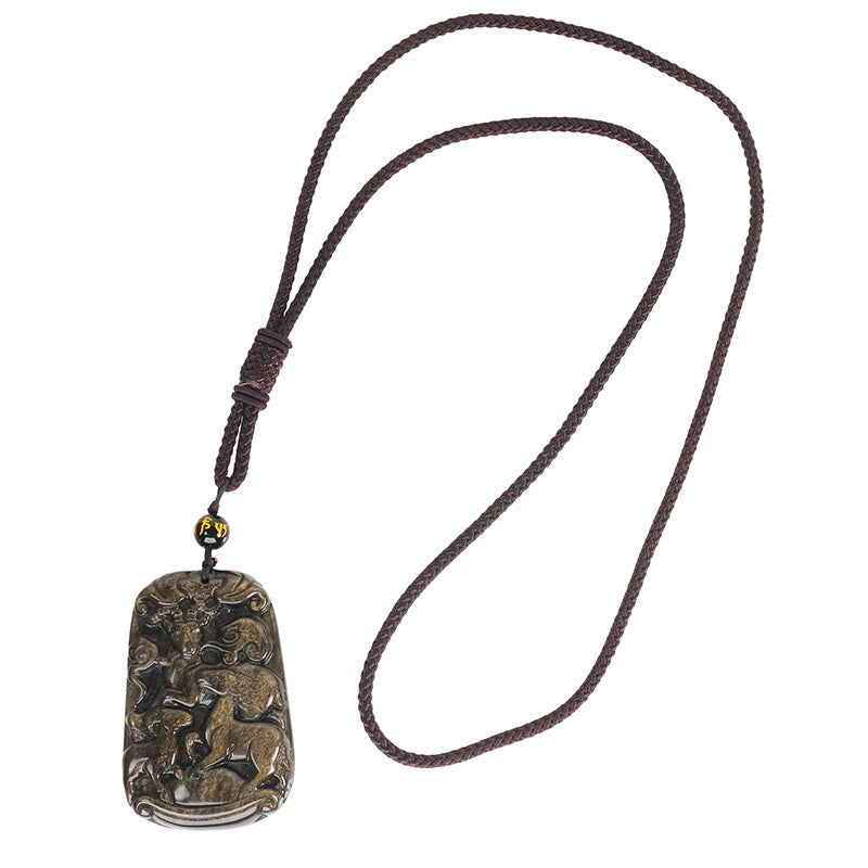 Buddha Stones Oro Lucentezza Ossidiana Tre Capre Portano Buona Fortuna Modello Ricchezza Collana Pendente