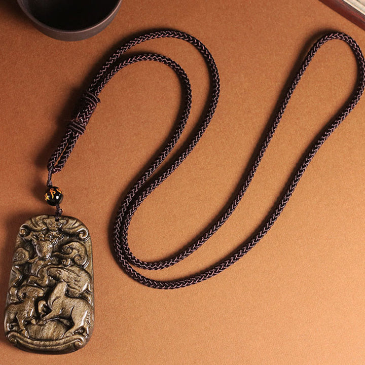 Buddha Stones Oro Lucentezza Ossidiana Tre Capre Portano Buona Fortuna Modello Ricchezza Collana Pendente
