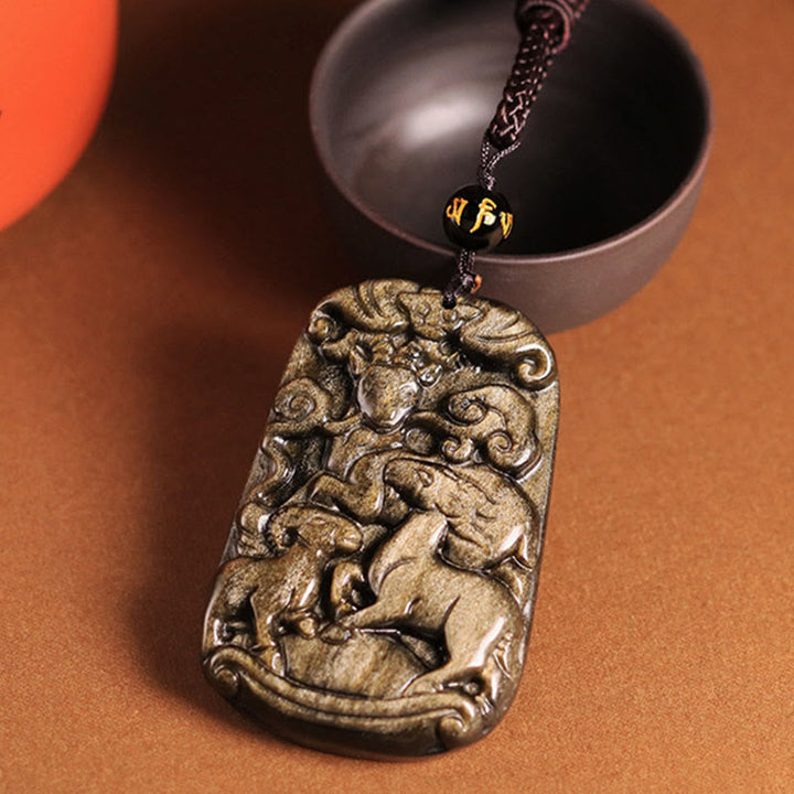 Buddha Stones Oro Lucentezza Ossidiana Tre Capre Portano Buona Fortuna Modello Ricchezza Collana Pendente