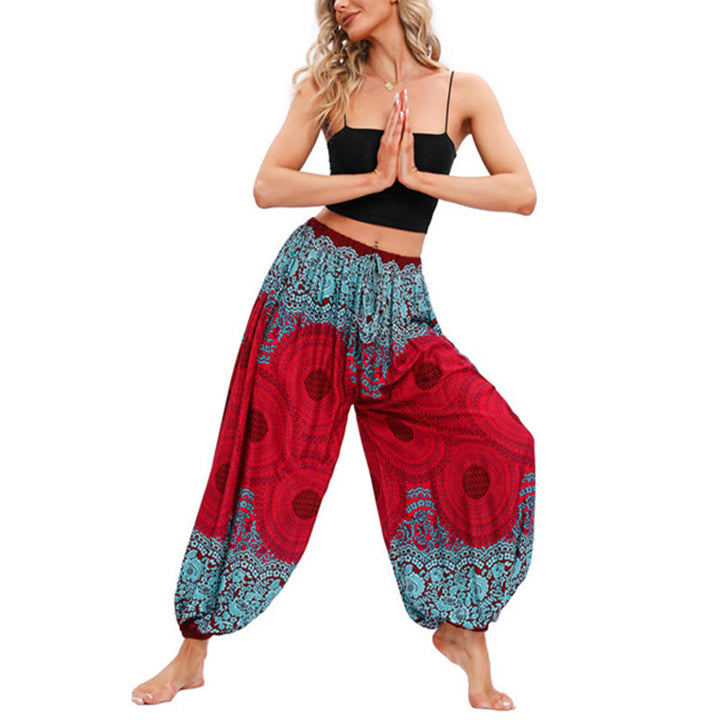 Pantaloni harem con motivo a fiori a forma di cerchio larghi Buddha Stones Pantaloni da yoga da donna - Rosso (adatto per US4/10; UK/AU8/14; EU36-40/42) - image 1