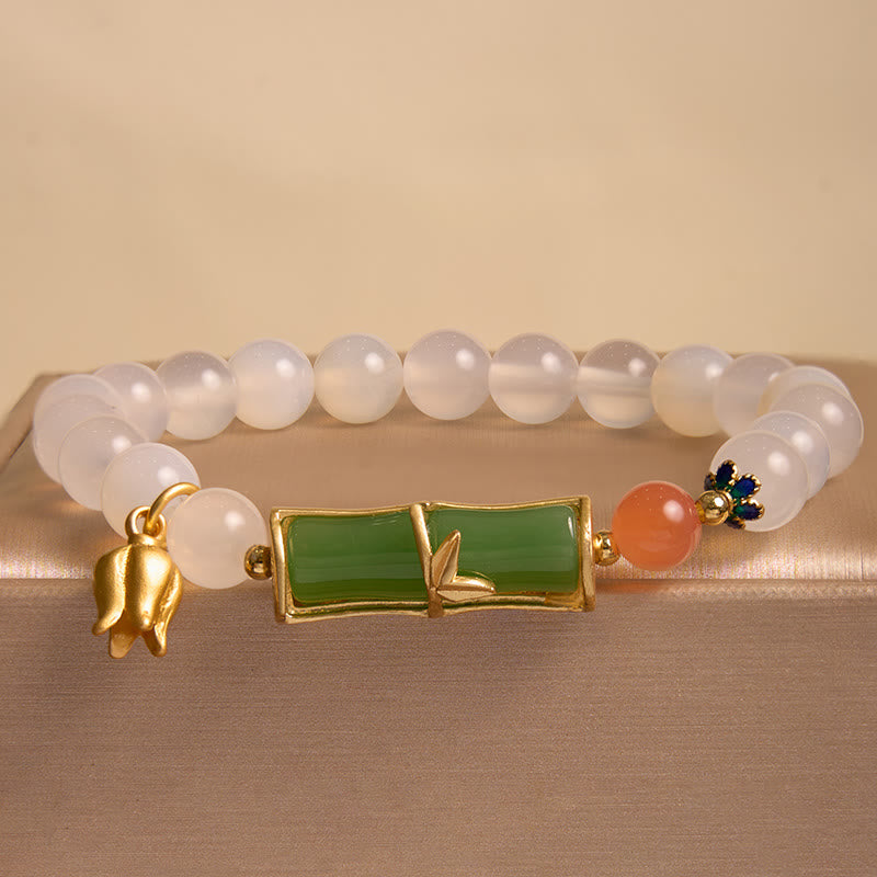 Braccialetto di positività con perline di bambù, agata bianca naturale e giadeite Buddha Stones