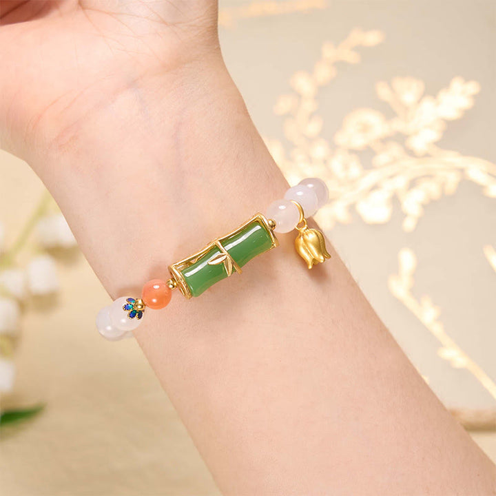 Braccialetto di positività con perline di bambù, agata bianca naturale e giadeite Buddha Stones