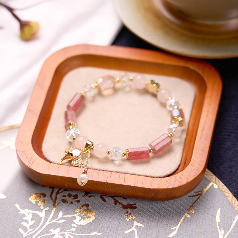 Braccialetto con ciondolo elefante positivo in quarzo fragola, ametista, avventurina verde Buddha Stones