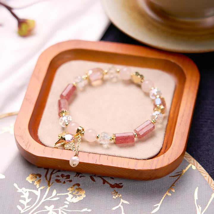 Braccialetto con ciondolo elefante positivo in quarzo fragola, ametista, avventurina verde Buddha Stones