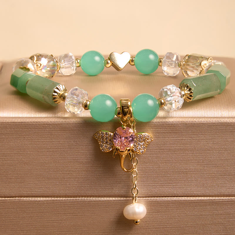 Braccialetto con ciondolo elefante positivo in quarzo fragola, ametista, avventurina verde Buddha Stones