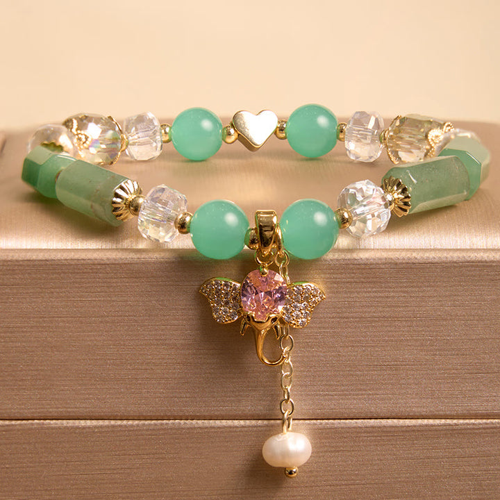 Braccialetto con ciondolo elefante positivo in quarzo fragola, ametista, avventurina verde Buddha Stones