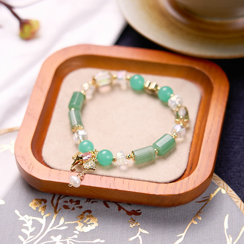 Braccialetto con ciondolo elefante positivo in quarzo fragola, ametista, avventurina verde Buddha Stones