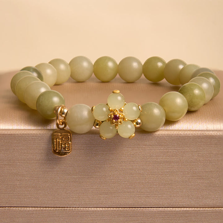 Braccialetto portafortuna con ciondolo a forma di carattere Fu con fiore di giada verde Buddha Stones
