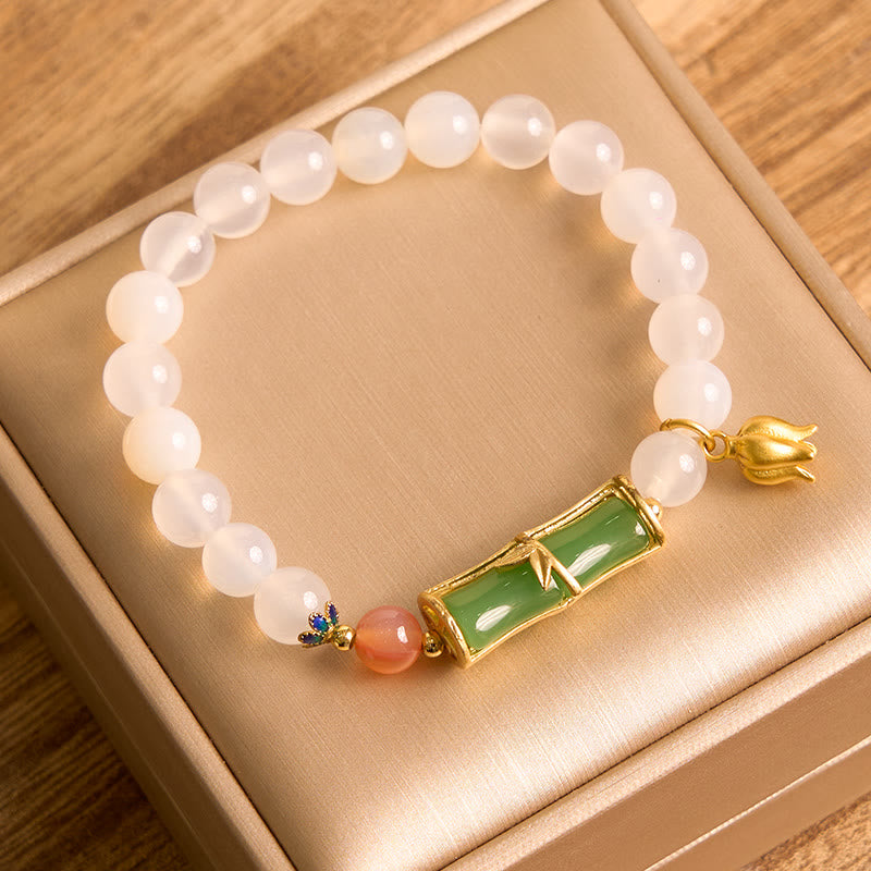 Braccialetto di positività con perline di bambù, agata bianca naturale e giadeite Buddha Stones