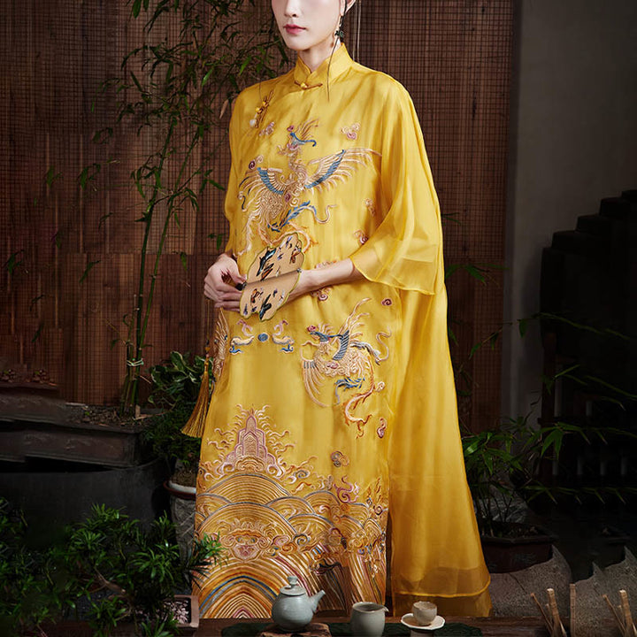 Abito in organza di seta di gelso al 100% Buddha Stones con ricamo giallo Phoenix Qipao Cheongsam - US12, UK/AU16, EU44 (XL) - image 0
