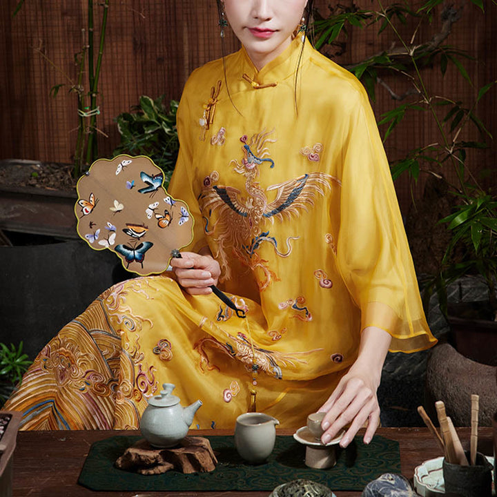 Abito in organza di seta di gelso al 100% Buddha Stones con ricamo giallo Phoenix Qipao Cheongsam - image 3