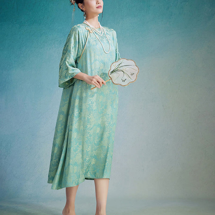 Abito midi cinese Cheongsam Qipao con tasche, piccolo fiore e foglia in jacquard, Buddha Stones