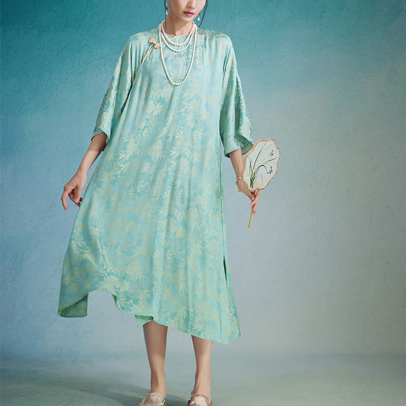 Abito midi cinese Cheongsam Qipao con tasche, piccolo fiore e foglia in jacquard, Buddha Stones