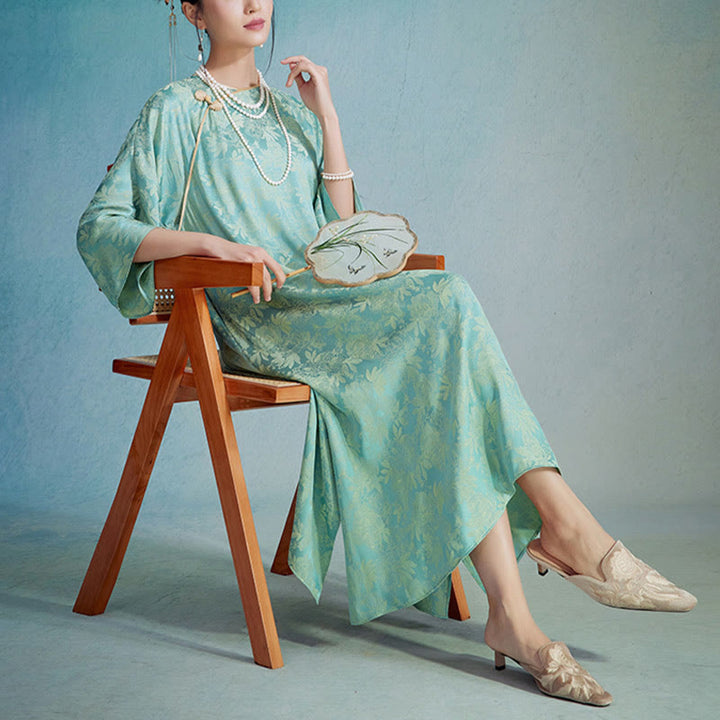 Abito midi cinese Cheongsam Qipao con tasche, piccolo fiore e foglia in jacquard, Buddha Stones