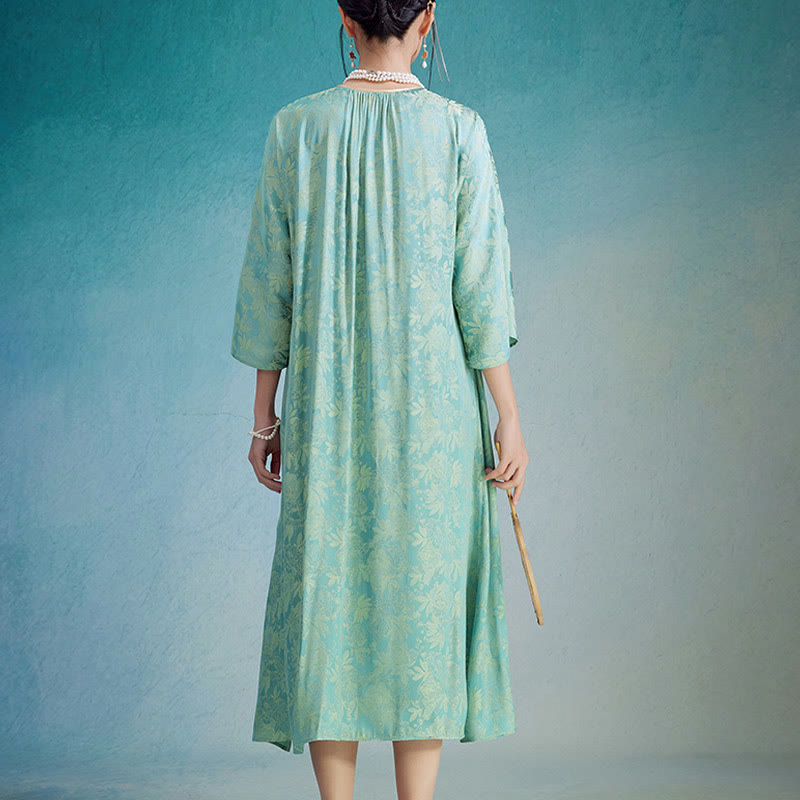 Abito midi cinese Cheongsam Qipao con tasche, piccolo fiore e foglia in jacquard, Buddha Stones