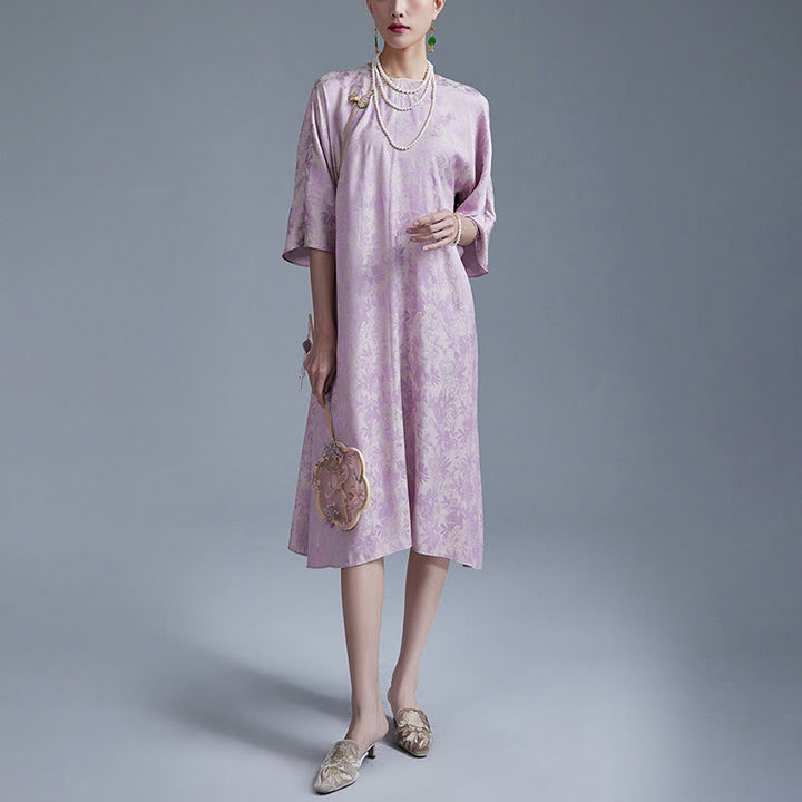 Abito midi cinese Cheongsam Qipao con tasche, piccolo fiore e foglia in jacquard, Buddha Stones