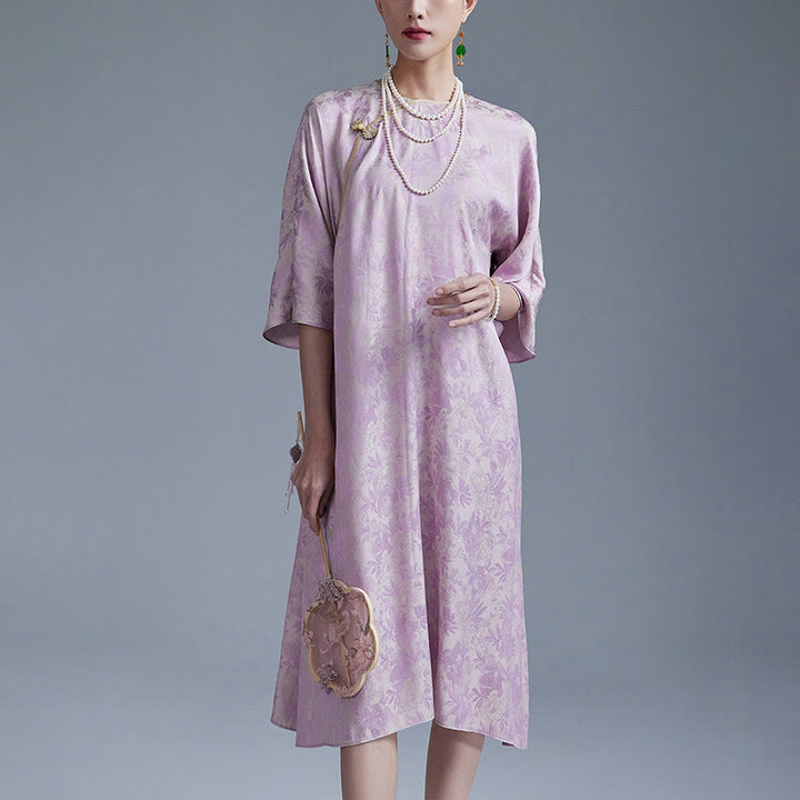 Abito midi cinese Cheongsam Qipao con tasche, piccolo fiore e foglia in jacquard, Buddha Stones