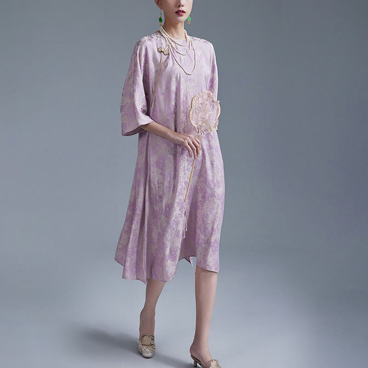 Abito midi cinese Cheongsam Qipao con tasche, piccolo fiore e foglia in jacquard, Buddha Stones