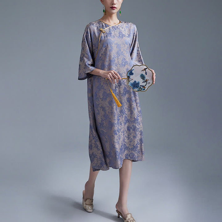 Abito midi cinese Cheongsam Qipao con tasche, piccolo fiore e foglia in jacquard, Buddha Stones