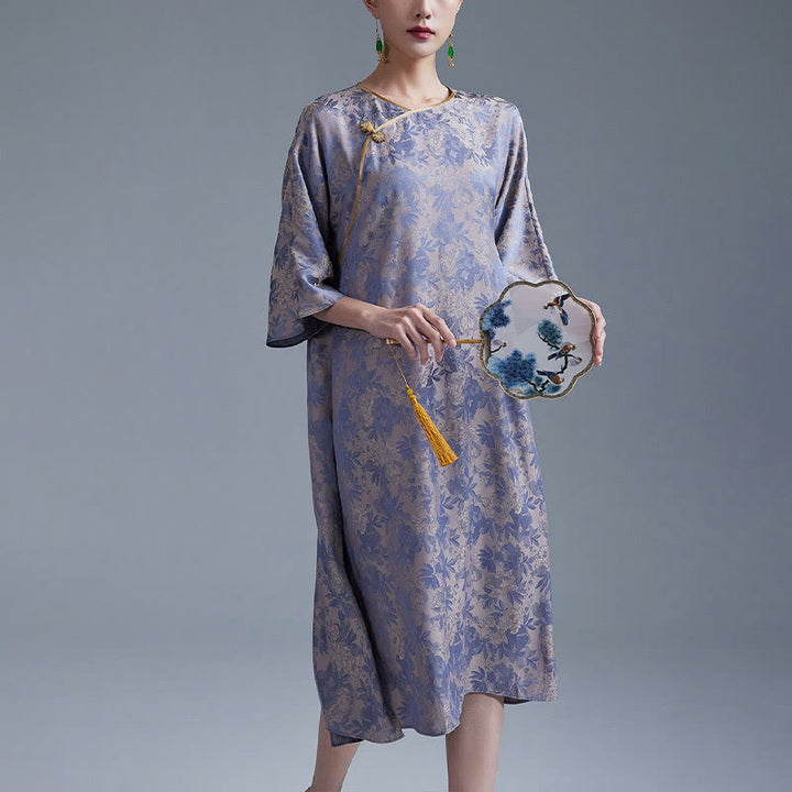 Abito midi cinese Cheongsam Qipao con tasche, piccolo fiore e foglia in jacquard, Buddha Stones