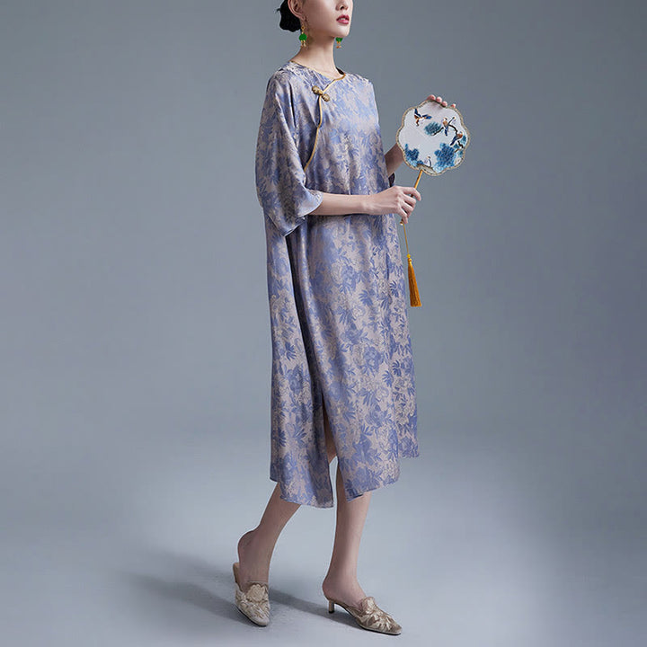 Abito midi cinese Cheongsam Qipao con tasche, piccolo fiore e foglia in jacquard, Buddha Stones