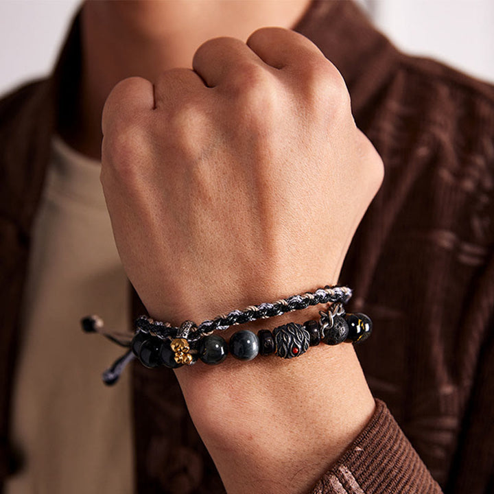 Buddha Stones Argento Sterling 925 Pietra lavica Pietra Occhio d'Aquila Perline portafortuna Braccialetto curativo fatto a mano - image 4