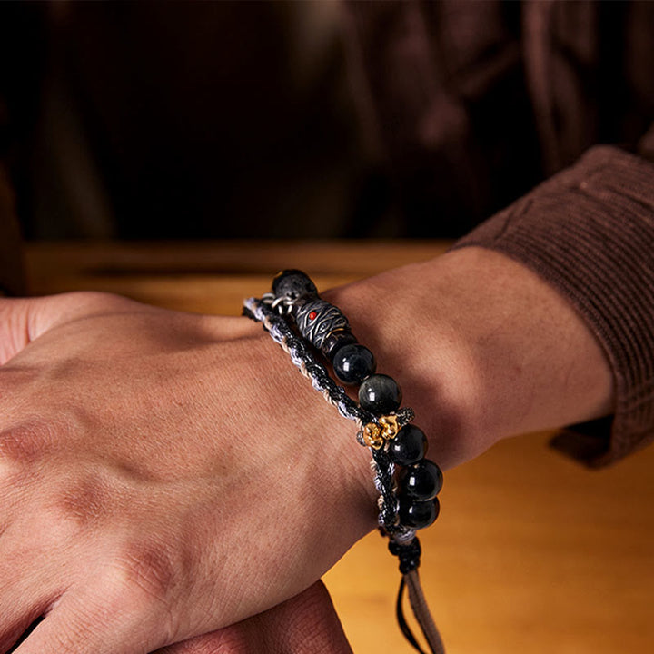 Buddha Stones Argento Sterling 925 Pietra lavica Pietra Occhio d'Aquila Perline portafortuna Braccialetto curativo fatto a mano - image 11