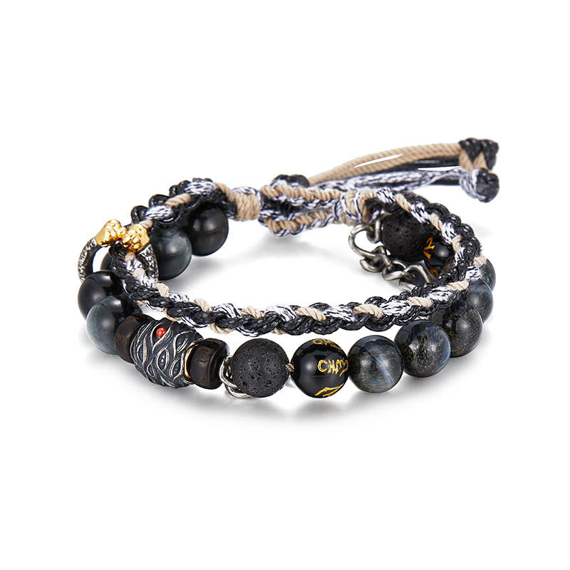 Buddha Stones Argento Sterling 925 Pietra lavica Pietra Occhio d'Aquila Perline portafortuna Braccialetto curativo fatto a mano