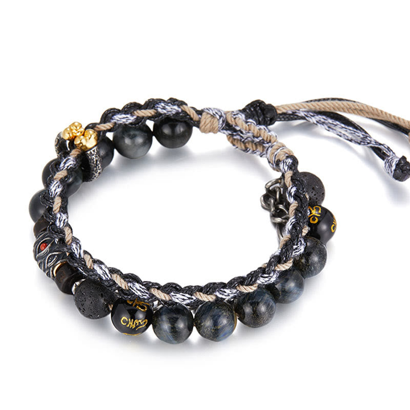 Buddha Stones Argento Sterling 925 Pietra lavica Pietra Occhio d'Aquila Perline portafortuna Braccialetto curativo fatto a mano