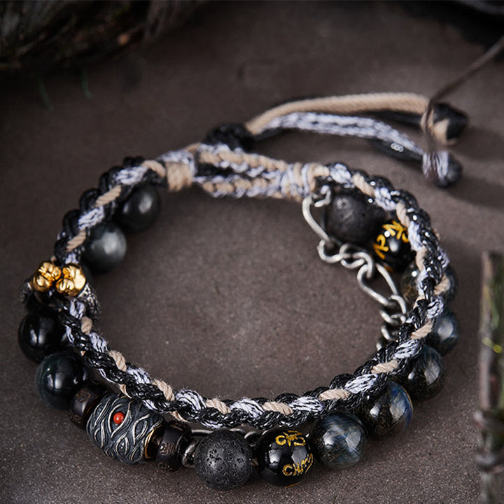 Buddha Stones Argento Sterling 925 Pietra lavica Pietra Occhio d'Aquila Perline portafortuna Braccialetto curativo fatto a mano