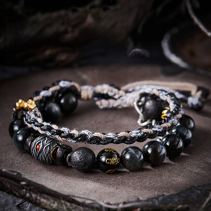 Buddha Stones Argento Sterling 925 Pietra lavica Pietra Occhio d'Aquila Perline portafortuna Braccialetto curativo fatto a mano - 19 cm adatto per circonferenza polso 17 cm - image 0