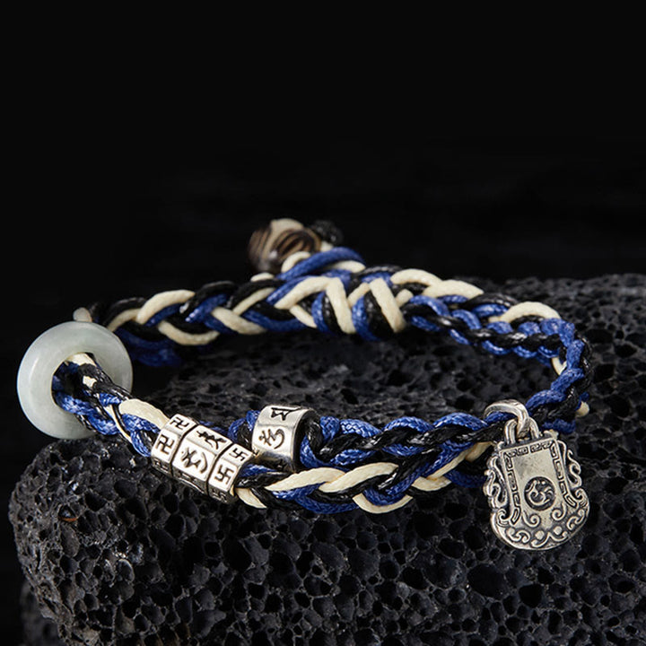 Braccialetto di protezione fatto a mano con svastica in argento sterling 925 con Buddha Stones Om Mani Padme Hum