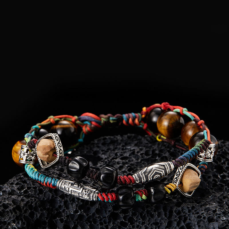Braccialetto fatto a mano con coraggio Buddha Stones in argento sterling 925 con occhio di tigre e semi di Bodhi - 19 cm adatto per circonferenza del polso 17 cm - image 0