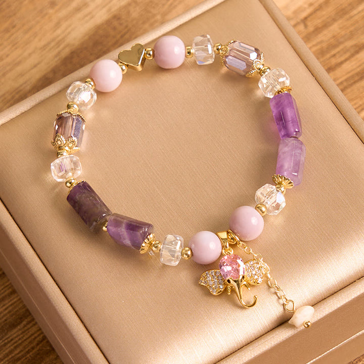 Braccialetto con ciondolo elefante positivo in quarzo fragola, ametista, avventurina verde Buddha Stones