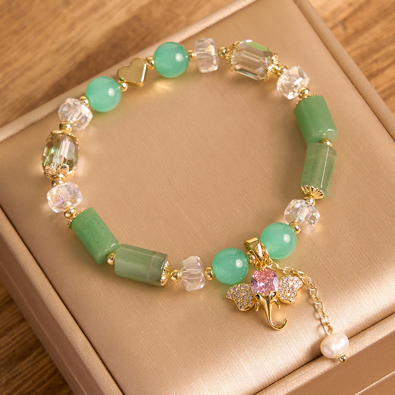 Braccialetto con ciondolo elefante positivo in quarzo fragola, ametista, avventurina verde Buddha Stones
