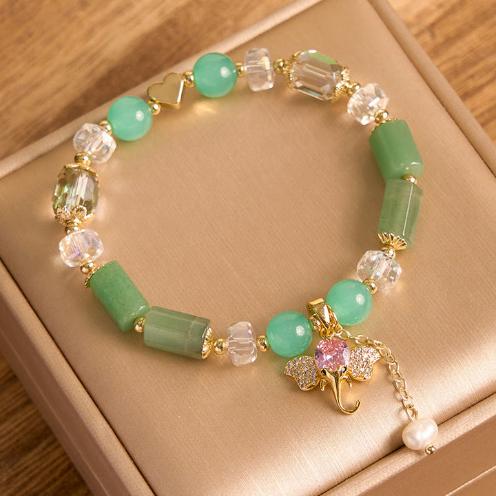 Braccialetto con ciondolo elefante positivo in quarzo fragola, ametista, avventurina verde Buddha Stones