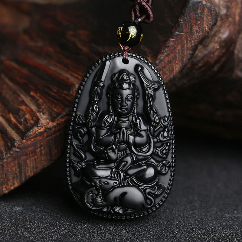 Buddha Stones Zodiaco cinese Buddha natale Ossidiana nera naturale Collana pendente di purificazione