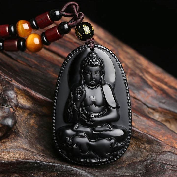 Buddha Stones Zodiaco cinese Buddha natale Ossidiana nera naturale Collana pendente di purificazione