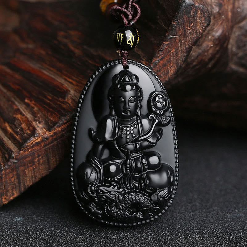 Buddha Stones Zodiaco cinese Buddha natale Ossidiana nera naturale Collana pendente di purificazione