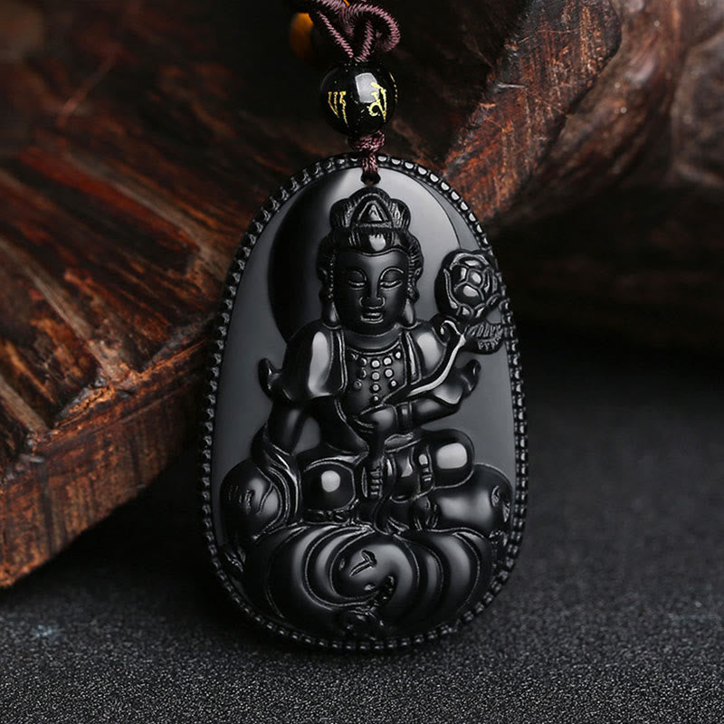 Buddha Stones Zodiaco cinese Buddha natale Ossidiana nera naturale Collana pendente di purificazione