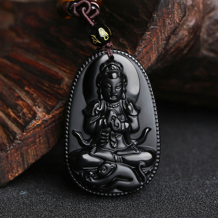 Buddha Stones Zodiaco cinese Buddha natale Ossidiana nera naturale Collana pendente di purificazione
