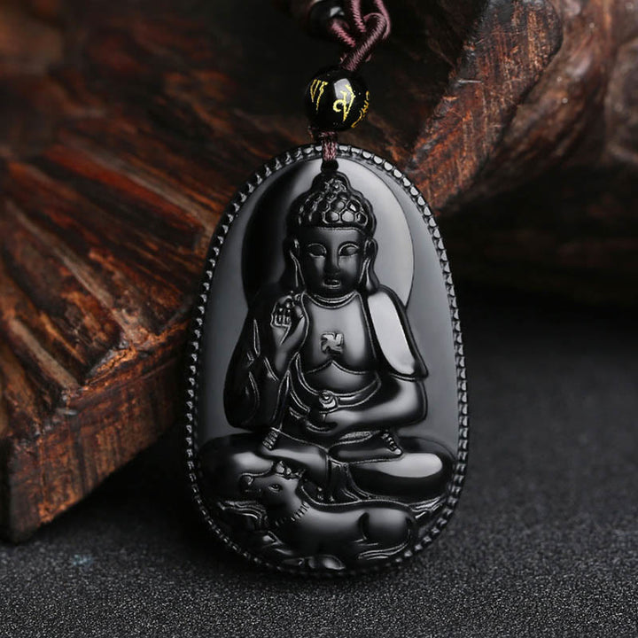 Buddha Stones Zodiaco cinese Buddha natale Ossidiana nera naturale Collana pendente di purificazione