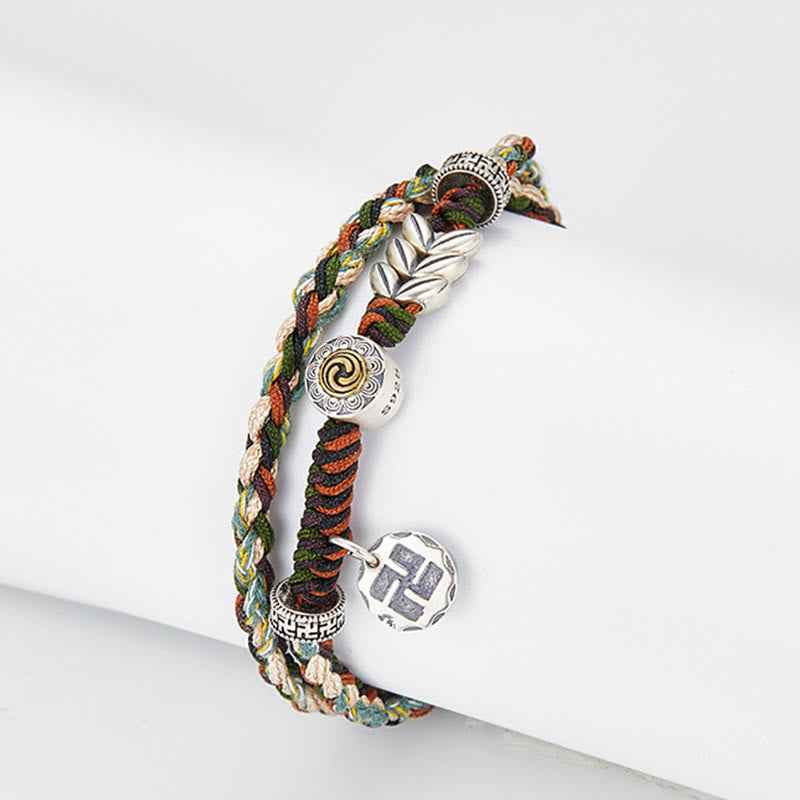 Braccialetto portafortuna fatto a mano con motivo a grano con svastica in argento sterling 925 Buddha Stones