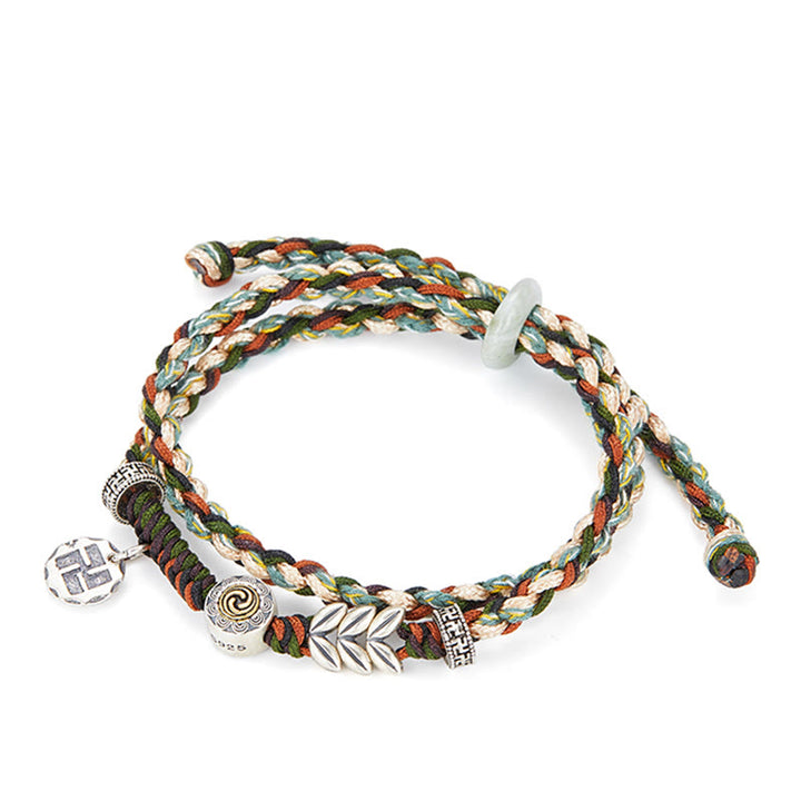 Braccialetto portafortuna fatto a mano con motivo a grano con svastica in argento sterling 925 Buddha Stones