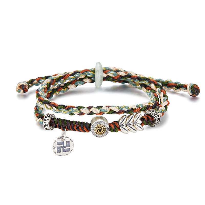Braccialetto portafortuna fatto a mano con motivo a grano con svastica in argento sterling 925 Buddha Stones