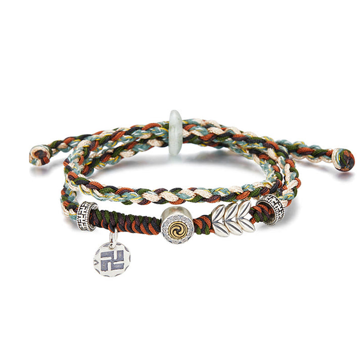 Braccialetto portafortuna fatto a mano con motivo a grano con svastica in argento sterling 925 Buddha Stones