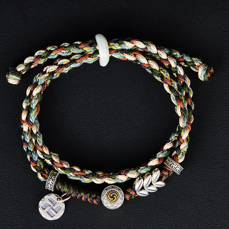 Braccialetto portafortuna fatto a mano con motivo a grano con svastica in argento sterling 925 Buddha Stones